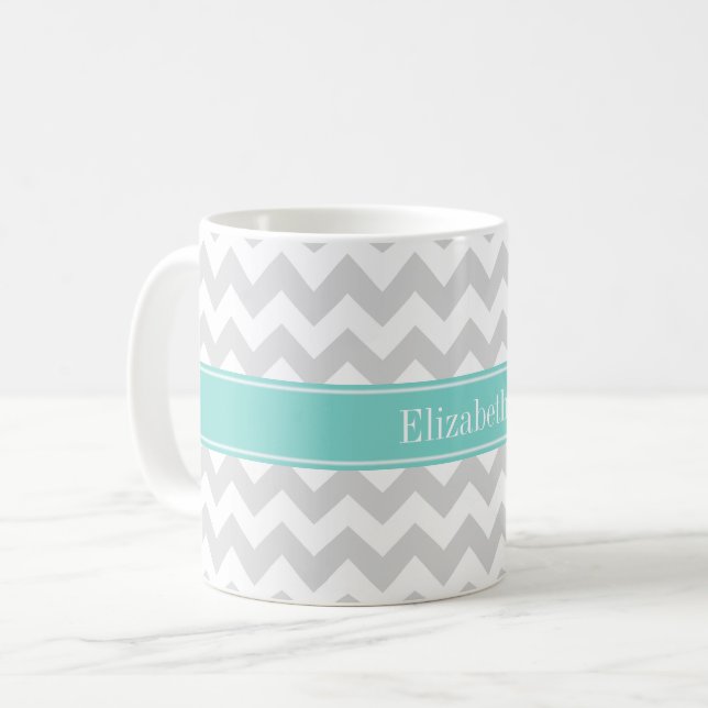 Mug Lt Gray Wht Chevron Aqua Turquoise Nom monogram (Devant gauche)