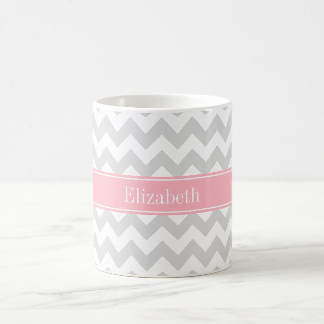Mug Lt Grey White Chevron Zigzag Pink Nom Monogramme (Centre)