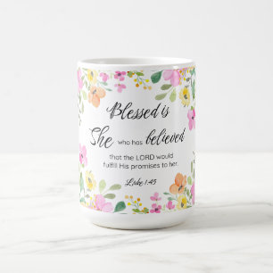 Mug Luc 1:45 Béni est Elle, Écriture Féminine Floral