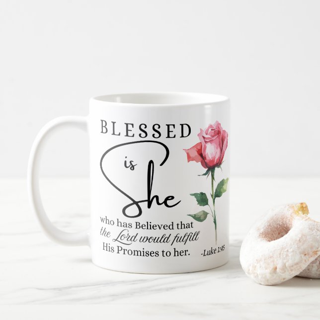Mug Luc 1:45 Béni est sa Fleur Rose (Avec donut)
