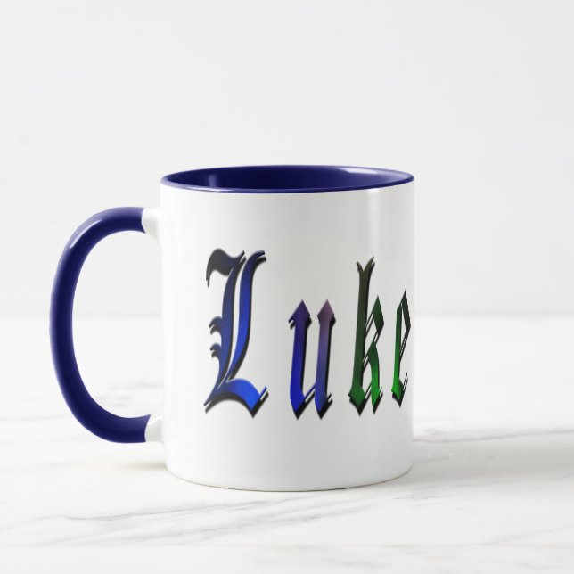 Mug Luc, Nom, Logo, Bleu Ringer Combo Mug. (Gauche)