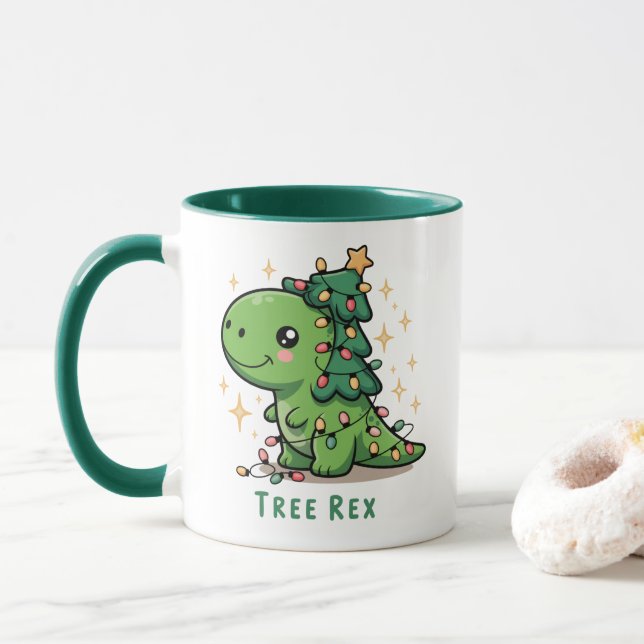 Mug Lumière de dinosaure de Noël Fête drôle Rex d'arbr (Avec donut)