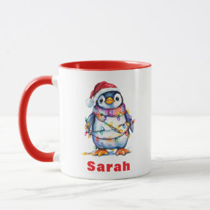 Mug Lumières de Noël de pingouin personnalisées Nom pe