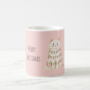 Mug Lumières de sapin de Noël chat blanc rose