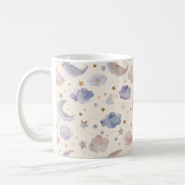 Mug Lune Céleste Étoiles Nuages Aquarelle Pastel (Gauche)