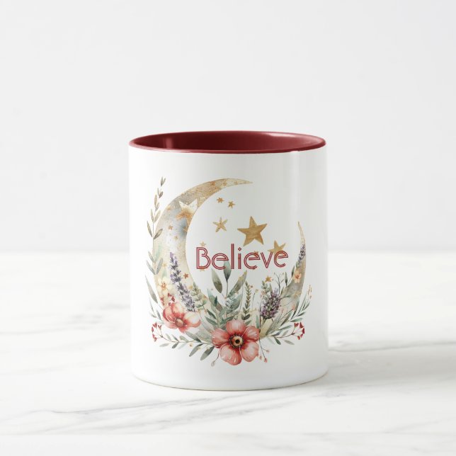 Mug Lune Étoiles Fleurs Rouges Or  (Centre)