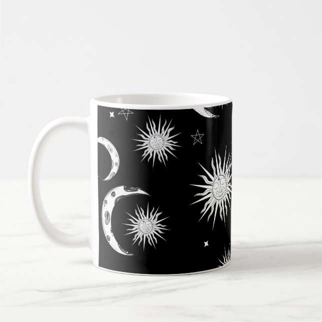 Mug Lune Soleil et Étoiles Fantaisie Noir & Blanc (Gauche)