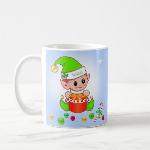 Mug Lutin de Noël et boules de Noël sur fond bleu clai