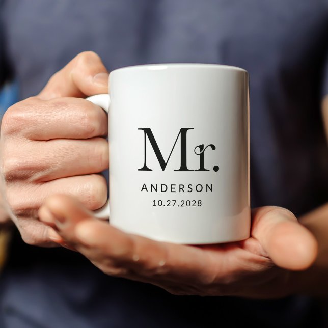 Mug Luxe Elegance | Noir et blanc M. Mariage Date (Créateur téléchargé)