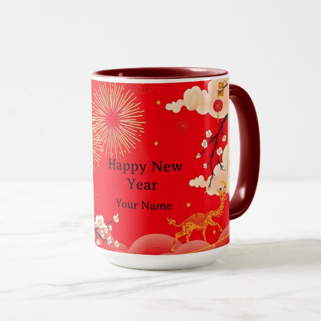 Mug Luxe Orné Or Feu et Esthétique Cramoisi (Devant droit)