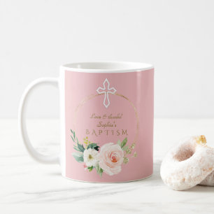 Mug Luxe rose Blush Floral Blanc Croix Baptême