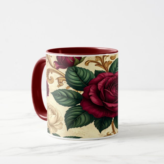 Mug Luxury Baroque Roses Design - Burgundy Cream Flowe (Devant gauche)