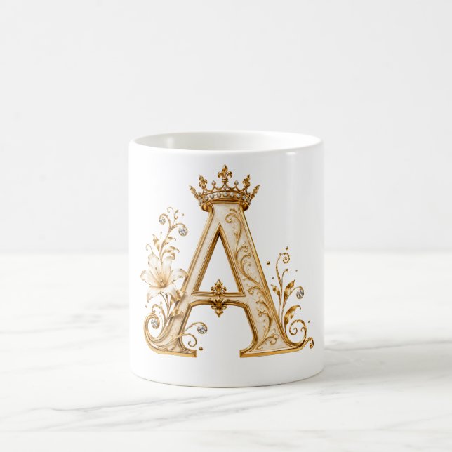 Mug Luxury Gold Letter A Monogram with Crown & Lily Fl (Centre)
