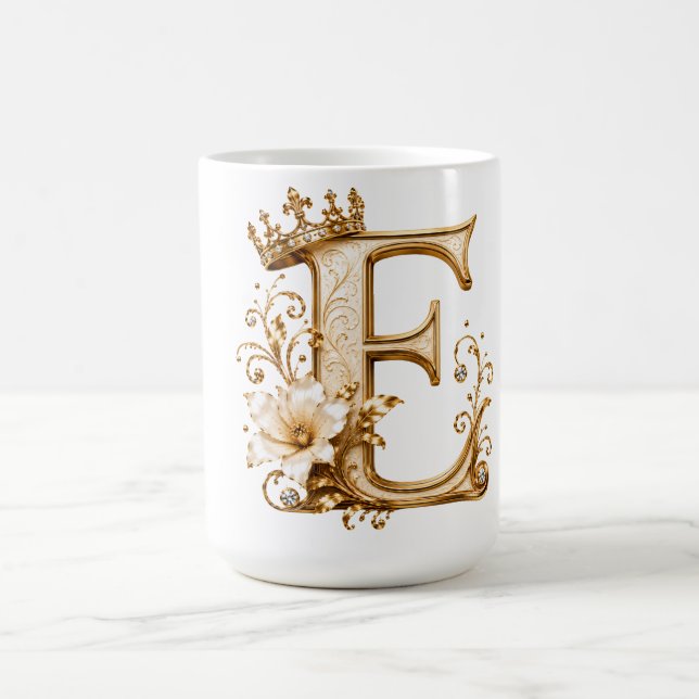 Mug Luxury Gold Letter E Monogram with Crown & Lily Fl (Centre)