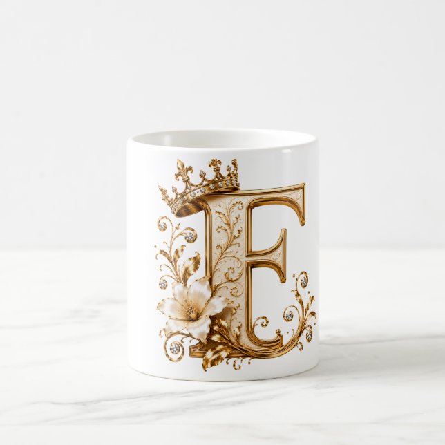 Mug Luxury Gold Letter F Monogram with Crown & Lily Fl (Centre)