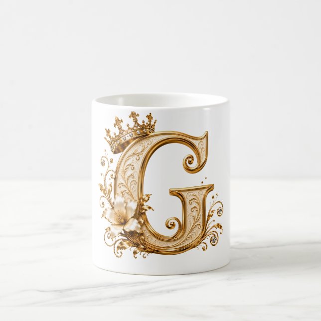Mug Luxury Gold Letter G Monogram with Crown & Lily Fl (Centre)