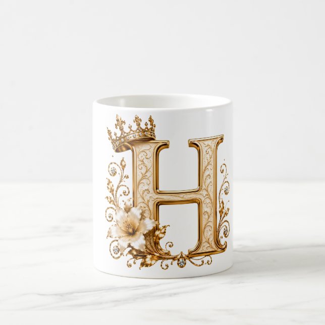Mug Luxury Gold Letter H Monogram with Crown & Lily Fl (Centre)