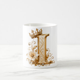 Mug Luxury Gold Letter I Monogram with Crown & Lily Fl