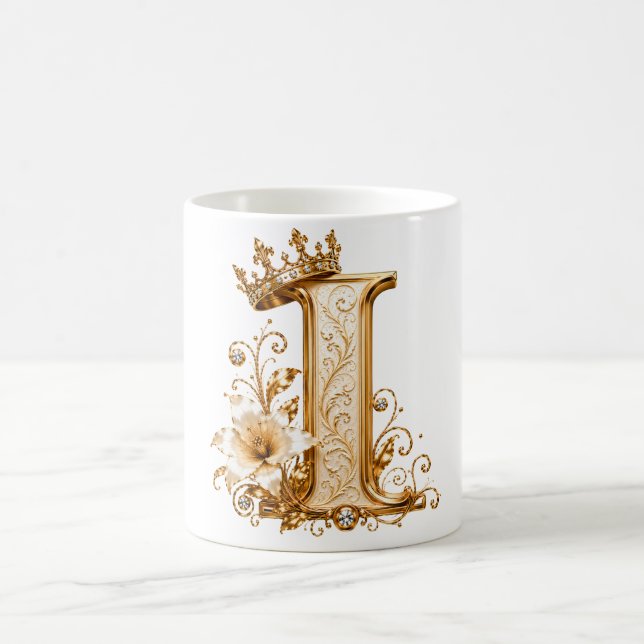 Mug Luxury Gold Letter I Monogram with Crown & Lily Fl (Centre)