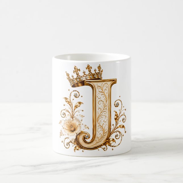 Mug Luxury Gold Letter J Monogram with Crown & Lily Fl (Centre)