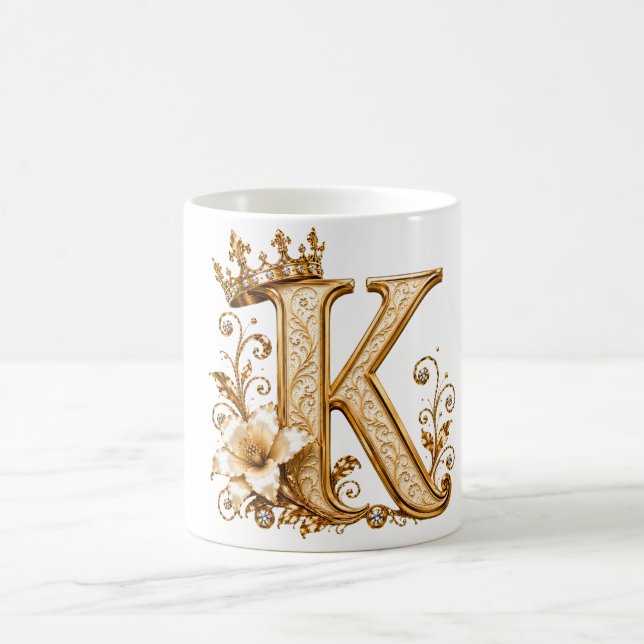Mug Luxury Gold Letter K Monogram with Crown & Lily Fl (Centre)