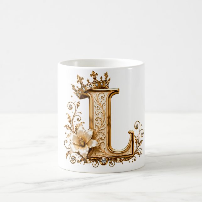 Mug Luxury Gold Letter L Monogram with Crown & Lily Fl (Centre)