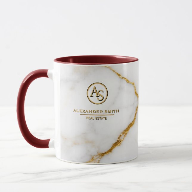 Mug Luxury White Marble Gold Monogram Real Estate  (Gauche)