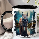 Mug Lynx dans la réflexion de Forest Lake<br><div class="desc">Plongez dans la beauté de la nature avec le Lynx dans Forest Lake Reflection Mug. Cette tasse captivante présente l'image d'un lynx debout au bord d'un lac forestier serein, avec l'eau tranquille reflétant le félin majestueux et les arbres environnants. Customisé de votre nom, il ajoute une touche personnelle et unique....</div>