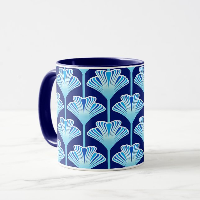 Mug Lys Art Déco, Bleu Cobalt, Aqua et Blanc (Devant gauche)