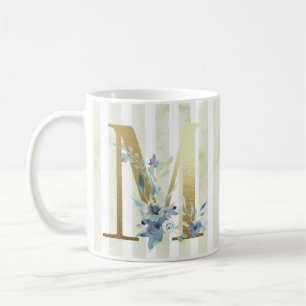 Mug M, initiale dorée sur bandes bleues et blanches