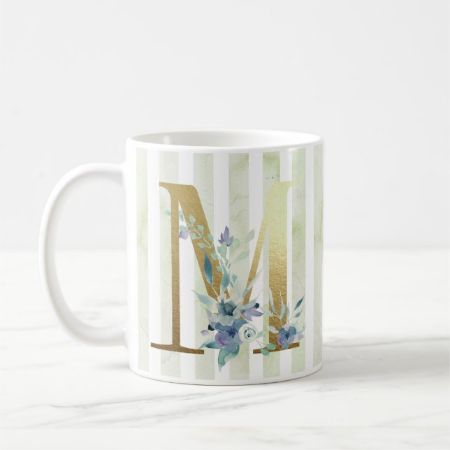 Mug M, initiale dorée sur bandes bleues et blanches (Gauche)