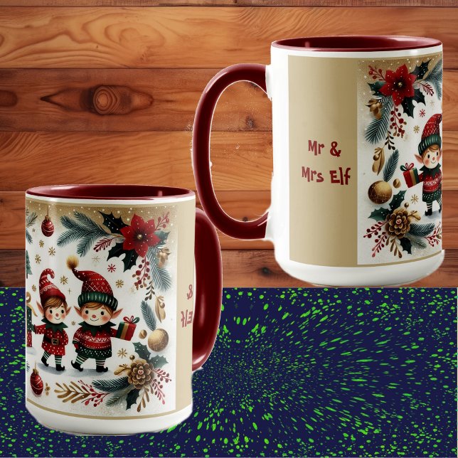 Mug M. & Mme Elf Merry Christmas Poinsettia Botanical (Mr & Mrs Elf Merry Christmas Poinsettia Botanicals Mug)