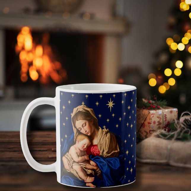 Mug Madonna & Enfant Noël Cadeaux Prêtres Pasteurs (Navy blue and gold religious coffee cup with Madonna and Child. Great gift for Catholics.)