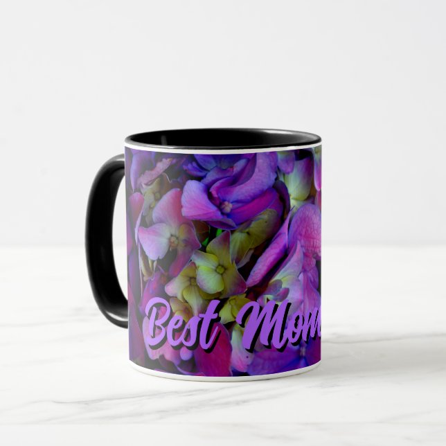Mug Magenta Purple bleu jaune Hydrangeas fleurs maman (Devant gauche)