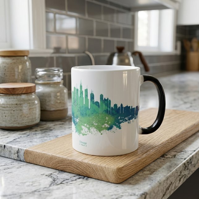 Mug Magic Aquarelle de la skyline de Chicago Bleu Vert Art d (Chicago Skyline Watercolor Blue Green City Art. Color Morph Mug)