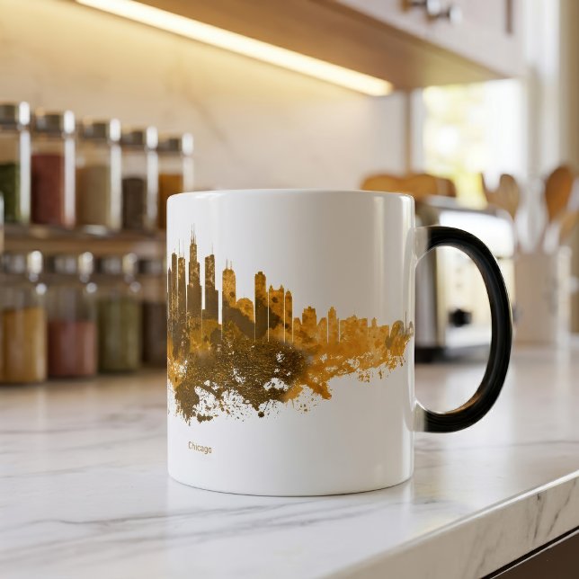 Mug Magic Aquarelle de la skyline de Chicago, paysage urbain (Chicago Skyline Watercolor Orange Cityscape Art. Color Morph Mug )
