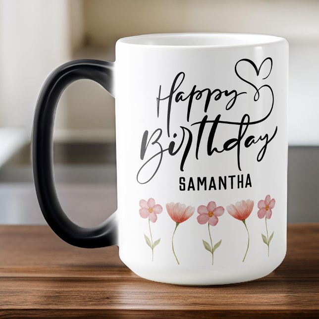 Mug Magic Aquarelle personnalisée Floral Girl Joyeux Anniver (Birthday gift for her, birthday gift for girl, birthday gift for mom, birthday gift for women)