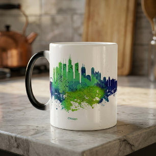 Mug Magic Aquarelle Skyline de Chicago en bleu et citron ver