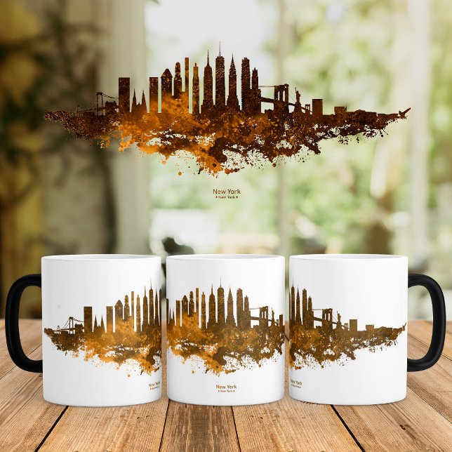 Mug Magic Aquarelle Skyline de New York en orange (New York City Skyline Watercolor in orange. Color Morph Mug)
