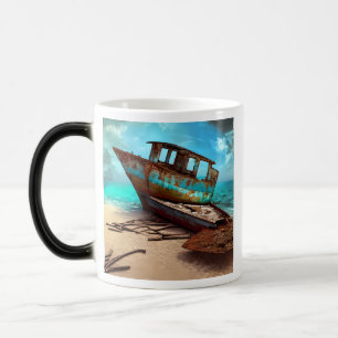 Mug Magic Bateaux rouillés désertés reposant sur une plage a