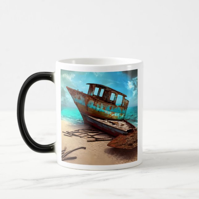 Mug Magic Bateaux rouillés désertés reposant sur une plage a (Gauche)