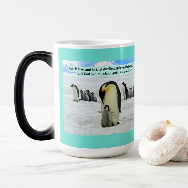 Mug Magic Belle écriture de pingouin 1 Jean 4:16 (Avec donut)