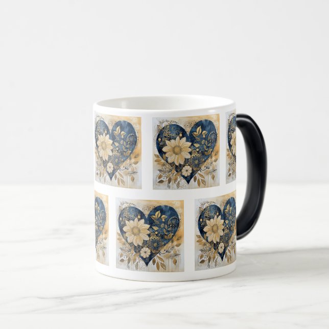 Mug Magic Blue & Gold Boho Flower Heart Art (Devant droit)