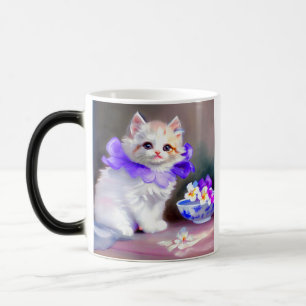 Mug Magic Chat blanc avec collier de fleurs violettes