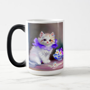 Mug Magic Chat blanc avec collier de fleurs violettes