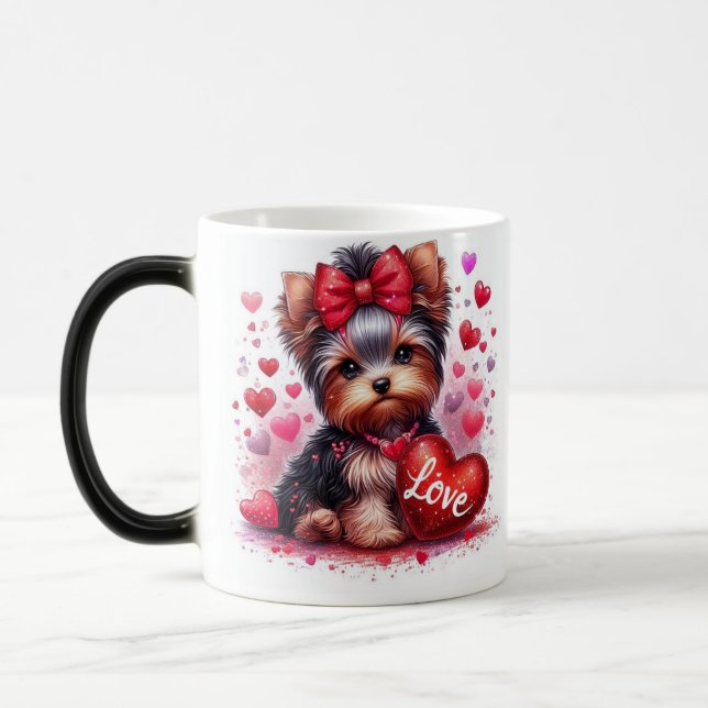 Mug Magic "Chiot glamour Yorkie avec Bow rouge et l'amour (Gauche)