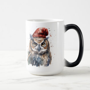 Mug Magic Chouette de Noël à l'aquarelle avec chapeau rouge