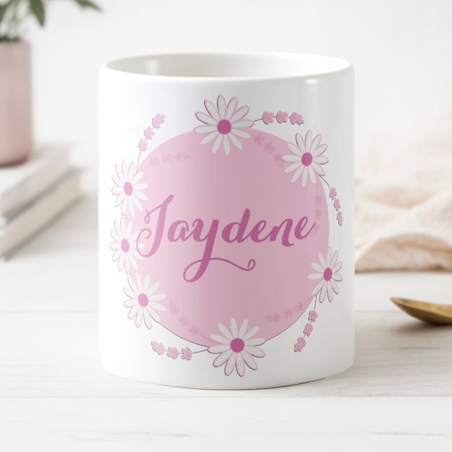 Mug Magic Couronne de pâquerettes rose pastel (Cute pink wreath made of daisies in shades of blue with a touch of dark pink. Put your name on it.)