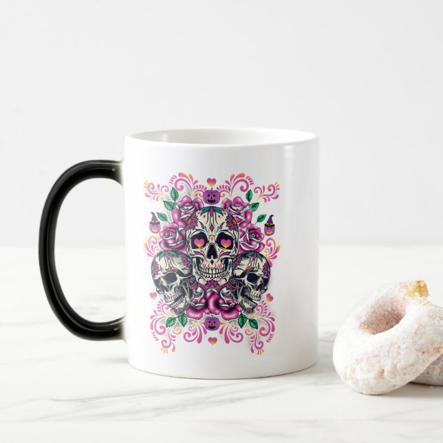 Mug Magic Crâne floral, squelette aquarelle rose, Halloween (Avec donut)