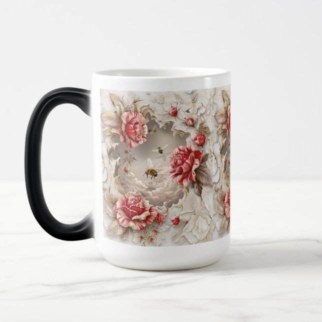 Mug Magic Élégant Rose 3D, abeilles et beauté botanique (Gauche)